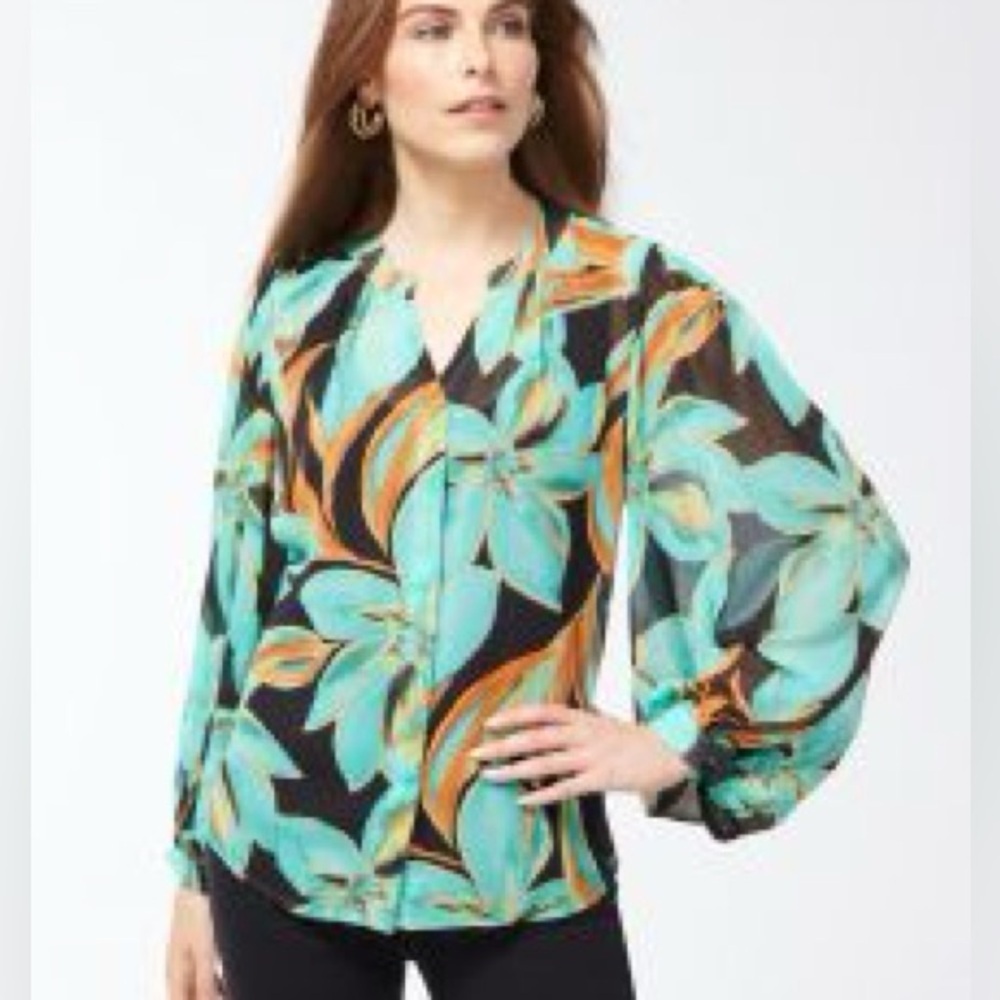 Chico’s Sz 10 Chiffon Large Floral Bishop Sleeves Button-down Blouse Top